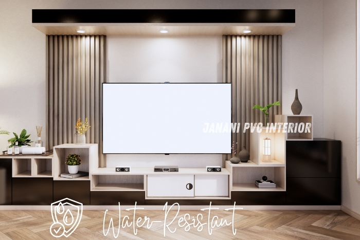 Enhance Your Viewing Experience with PVC TV Units 1 Water-resistant PVC TV unit design by Janani PVC Interior Design in Bengaluru, combining modern aesthetics and durability for stylish living room interiors.