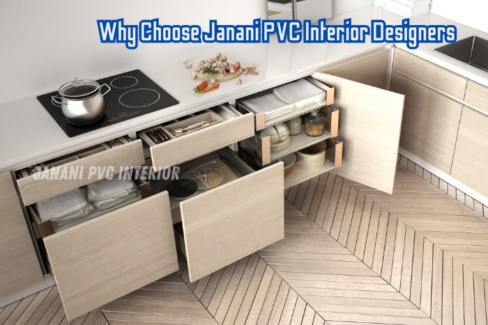 Durability Meets Style: Advantages of PVC Modular Kitchens 3 Modern PVC modular kitchen with sleek pull-out storage drawers designed by Janani PVC Interior, Bengaluru.
Maximize your kitchen's space with customized, high-quality PVC cabinets.
Janani PVC Interior offers smart storage solutions for elegant and organized kitchens