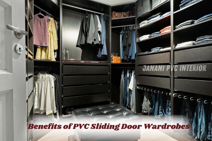 Small Room Space-Saving Solutions: PVC Sliding Door Wardrobes 1 Modern walk-in wardrobe setup with sleek black PVC sliding door cabinets by Janani PVC Interior in Bengaluru