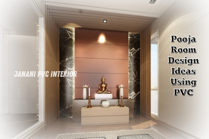 Modern PVC pooja room design by Janani PVC Interior in Bengaluru, featuring a serene Buddha statue and elegant marble accents